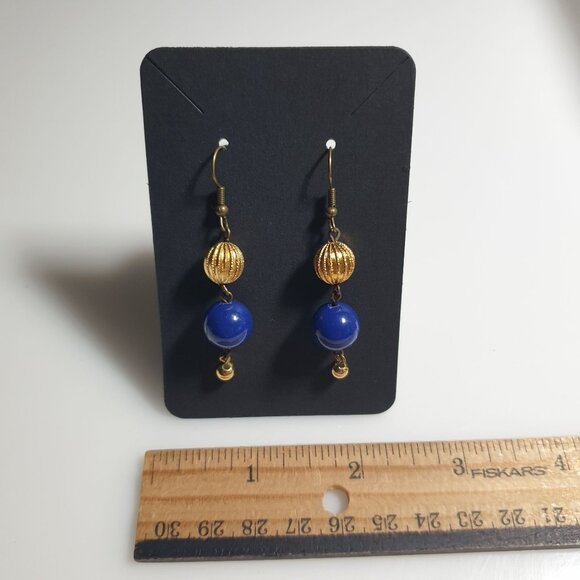 Gold Tone Blue Beaded Dangle Earrings Lightweight Hook Elegant Jewelry Mom Gift - Picture 3 of 4
